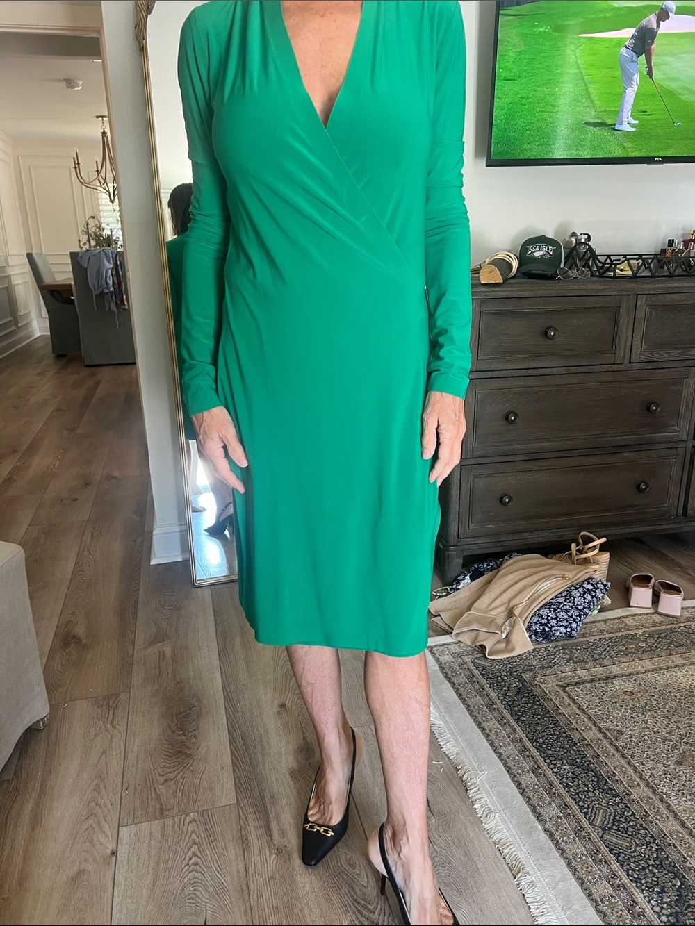 Norma Kamali Emerald Green Long Sleeve Faux-Wrap Dress